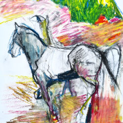 un cheval qde côté sur un fond de couleurs sur papier