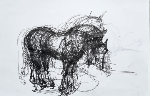 a horse with ink on paper that turns around