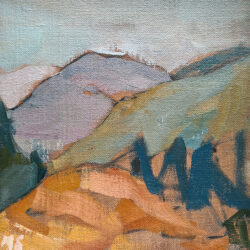 blue and orange mountains in Ardèche painted with oil on canvas